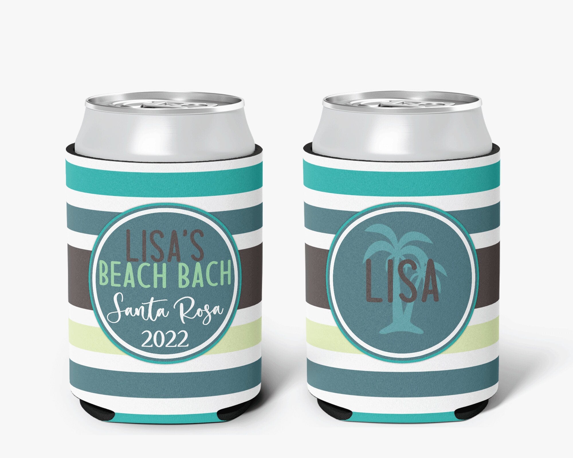 Aqua Blue Striped Can Cooler Bachelorette Birthday Event Vacation Personalized Can Cooler Sleeve