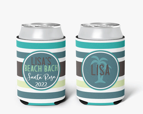 Aqua Blue Striped Can Cooler Bachelorette Birthday Event Vacation Personalized Can Cooler Sleeve