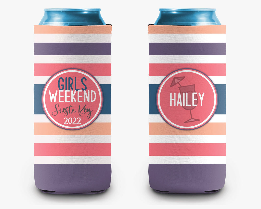 Purple Pink Striped Can Cooler Bachelorette Birthday Event Vacation Personalized Can Cooler Sleeve