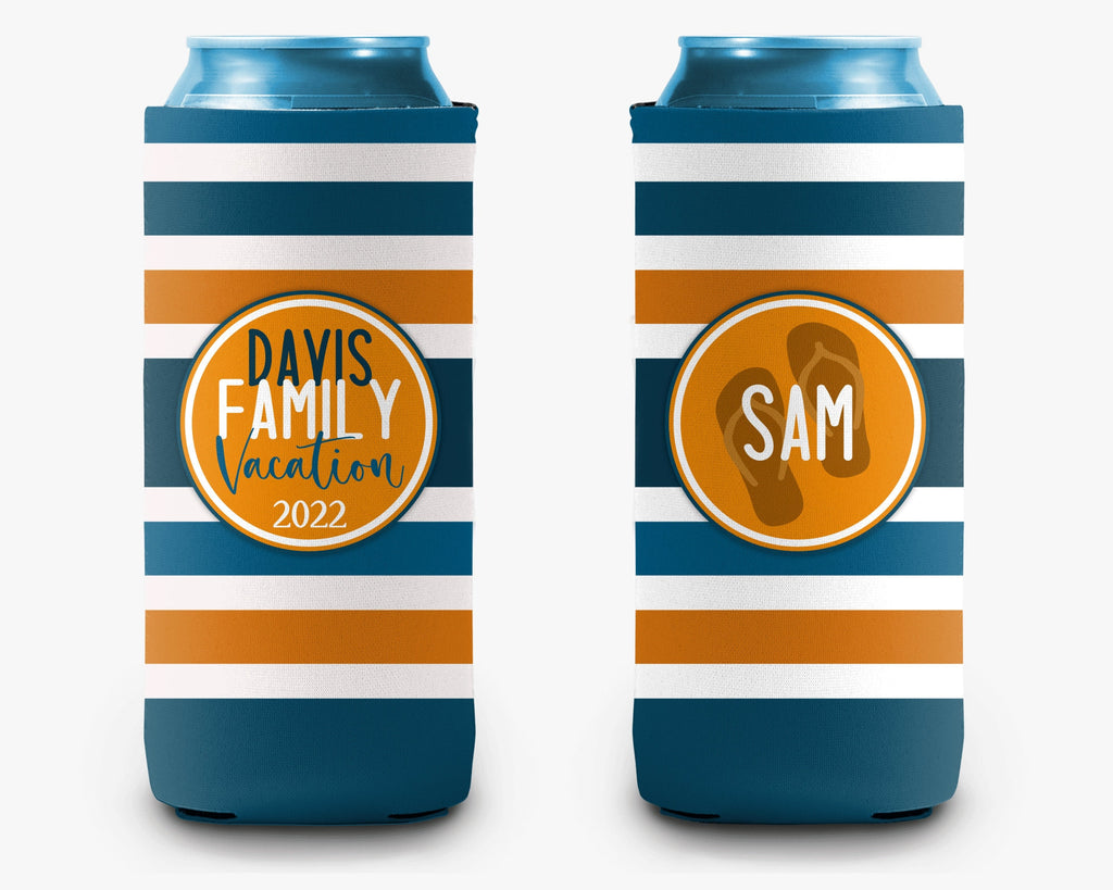 Navy Blue Orange Striped Can Cooler Family Vacation Bachelorette Birthday Event Personalized Can Cooler Sleeve