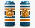 Navy Blue Orange Striped Can Cooler Family Vacation Bachelorette Birthday Event Personalized Can Cooler Sleeve
