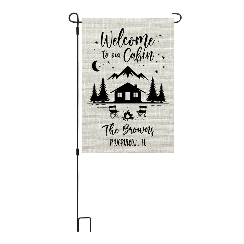 Welcome to our Cabin Personalized Custom Garden Flag Cabin Mountain Garden Flag