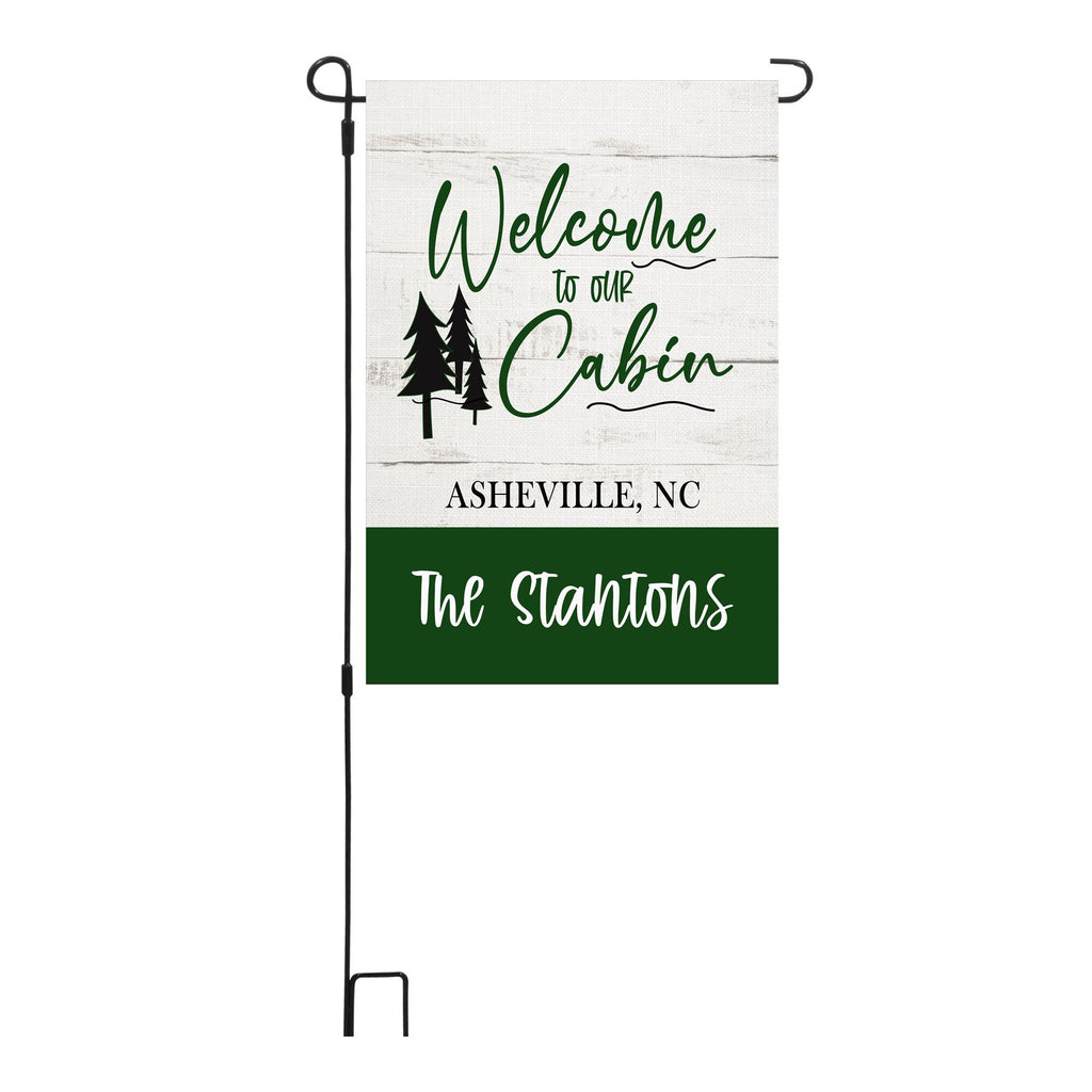 Welcome to our Cabin Personalized Custom Garden Flag Rustic Cabin Mountain Garden Flag