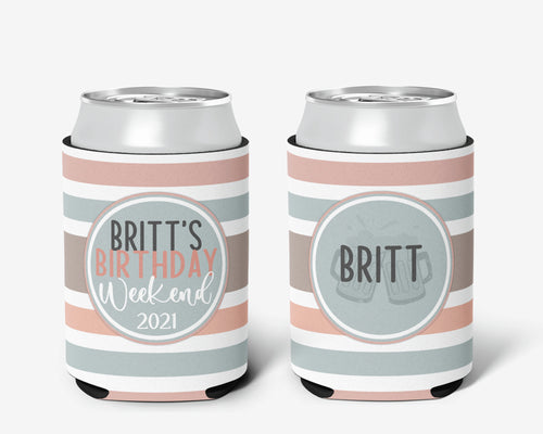 Birthday Event Neutral Striped Can Cooler Pink Neutral Vacation Personalized Can Cooler Sleeve