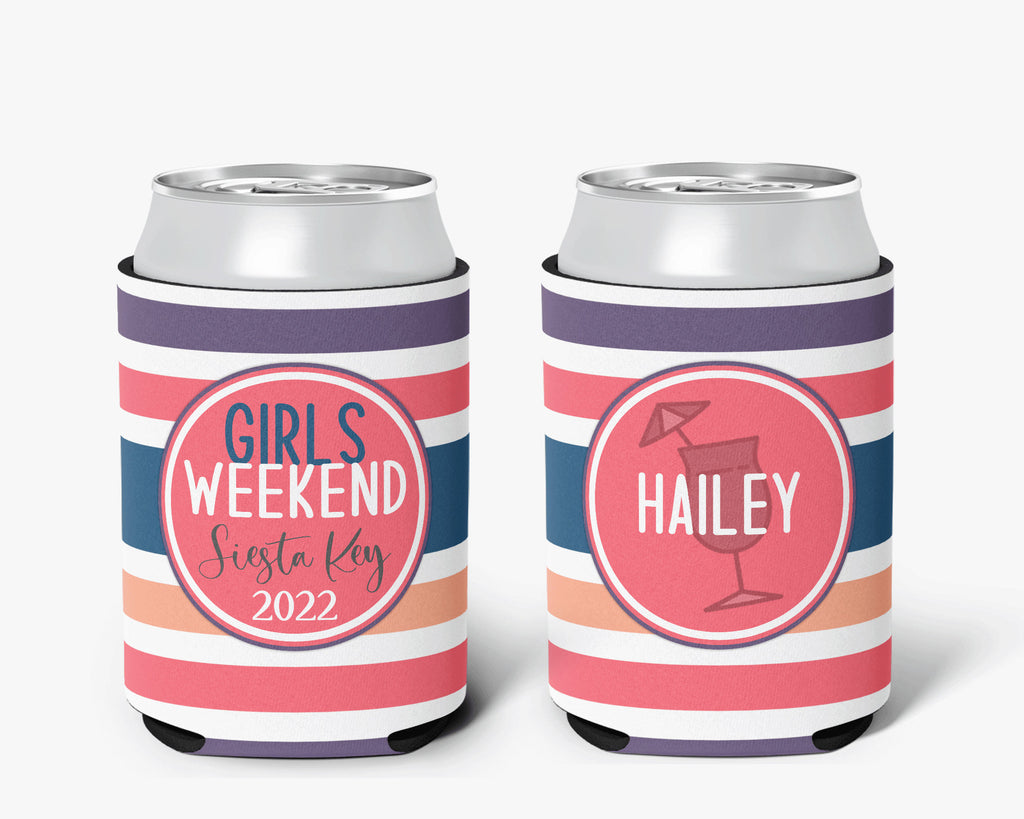 Purple Pink Striped Can Cooler Bachelorette Birthday Event Vacation Personalized Can Cooler Sleeve