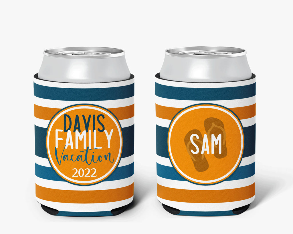 Navy Blue Orange Striped Can Cooler Family Vacation Bachelorette Birthday Event Personalized Can Cooler Sleeve