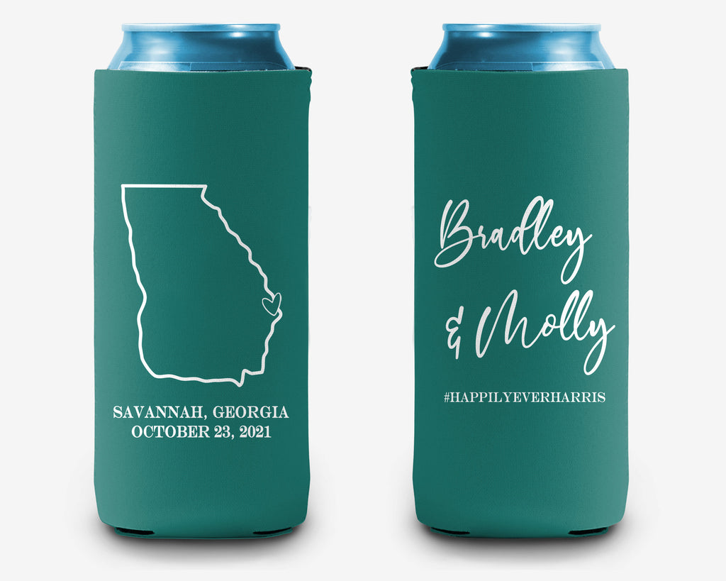 State Outline Wedding Custom Can Cooler, Modern Wedding Can Cooler Favors, Personalized Can Cooler Sleeve