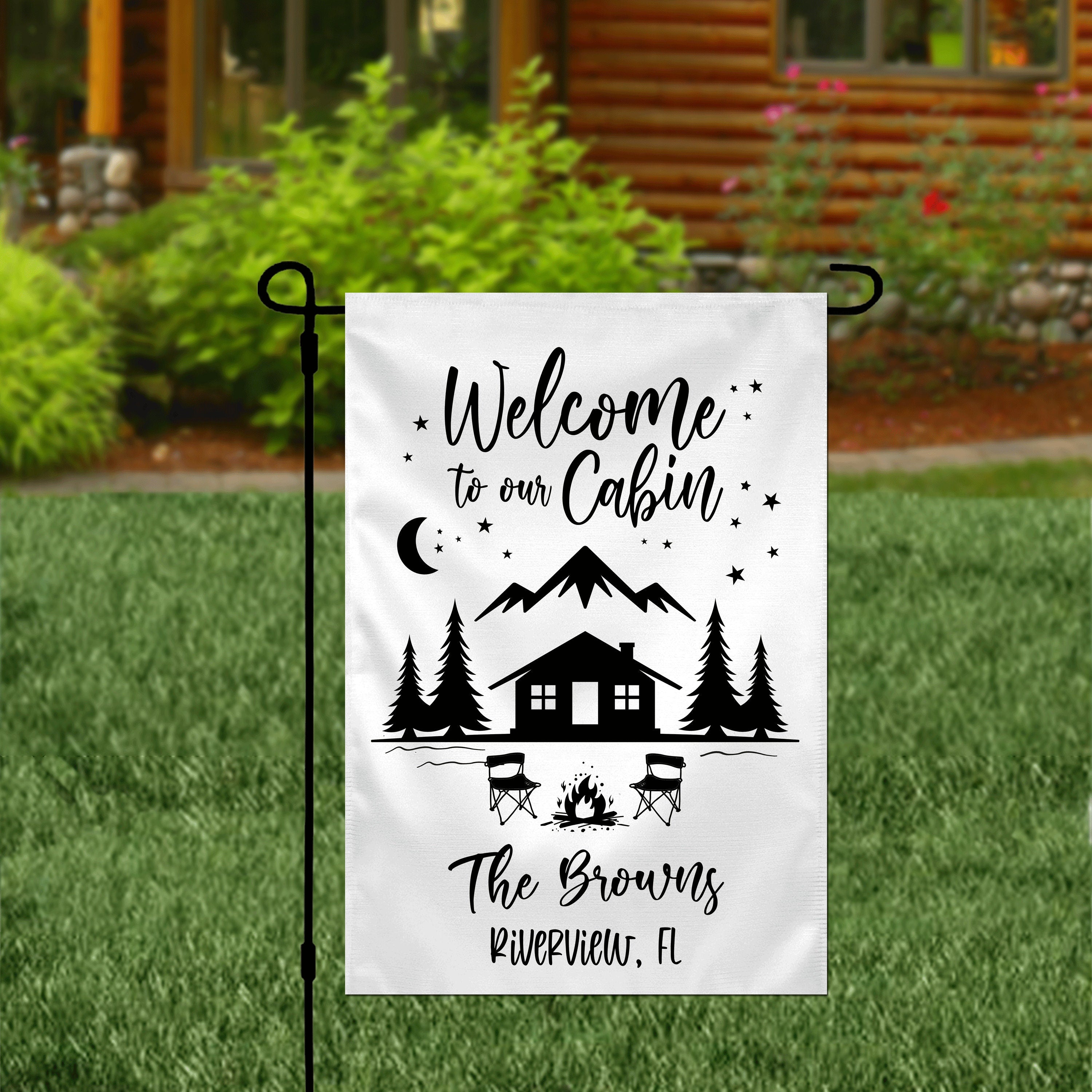 Welcome to our Cabin Personalized Custom Garden Flag Cabin Mountain Garden Flag