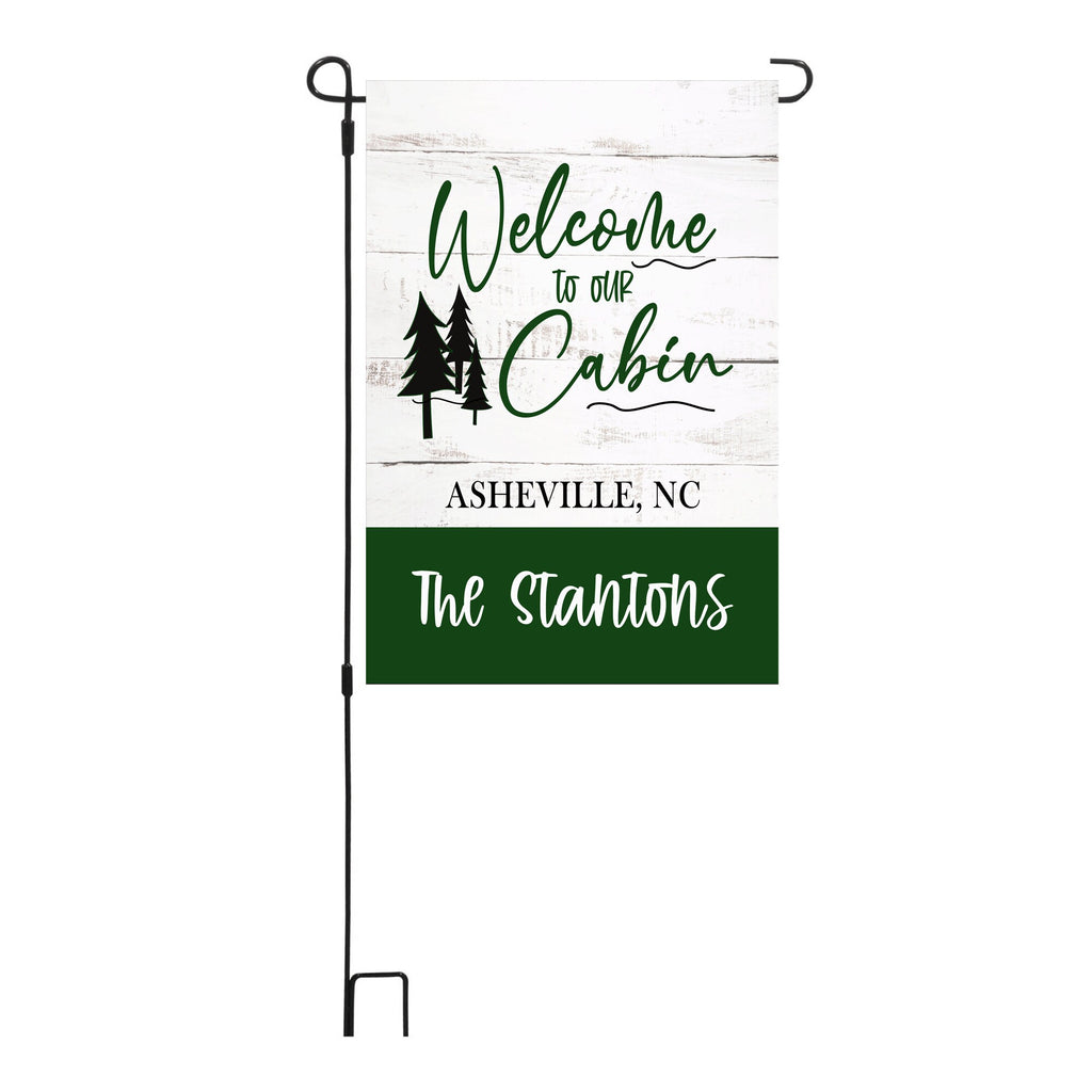 Welcome to our Cabin Personalized Custom Garden Flag Rustic Cabin Mountain Garden Flag
