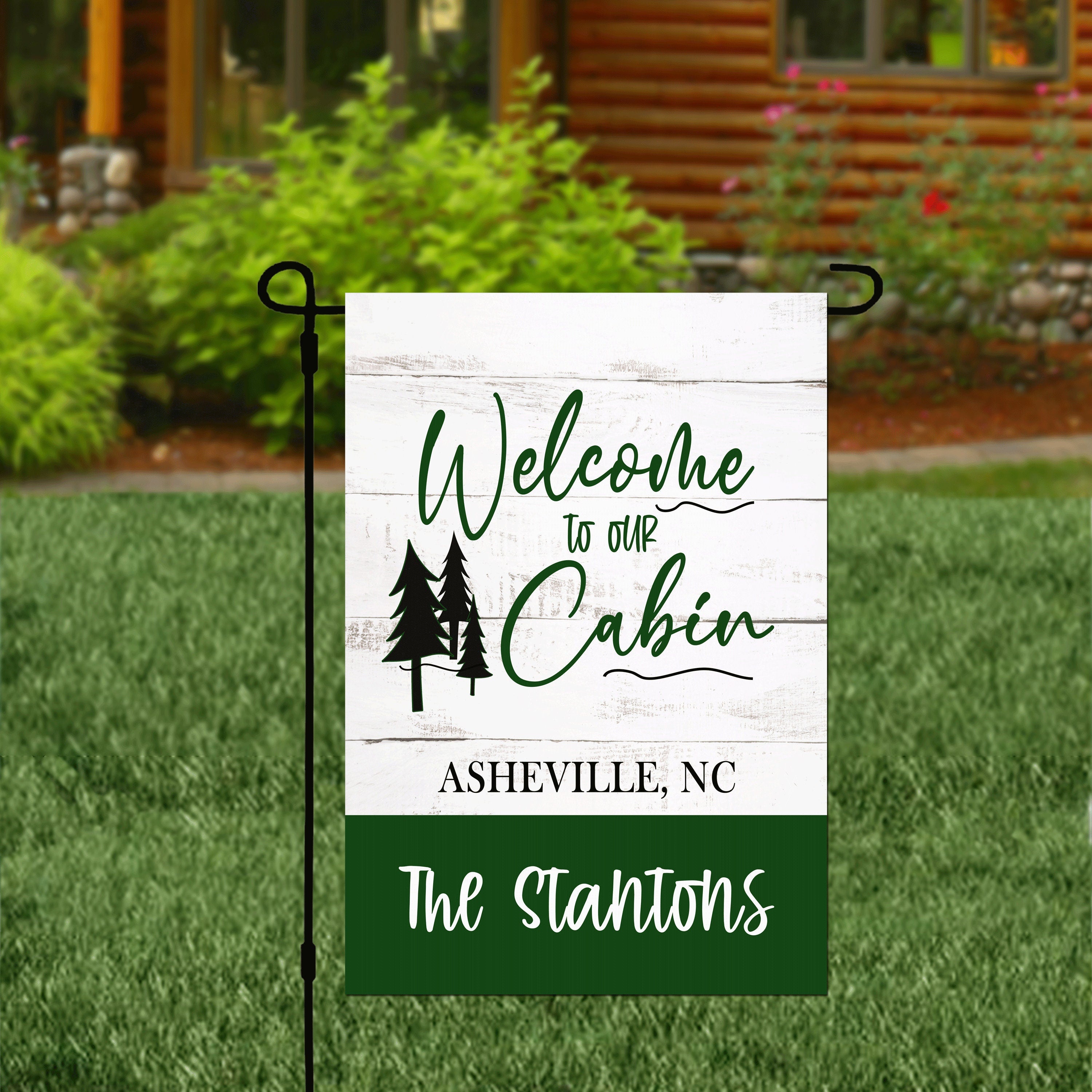 Welcome to our Cabin Personalized Custom Garden Flag Rustic Cabin Mountain Garden Flag