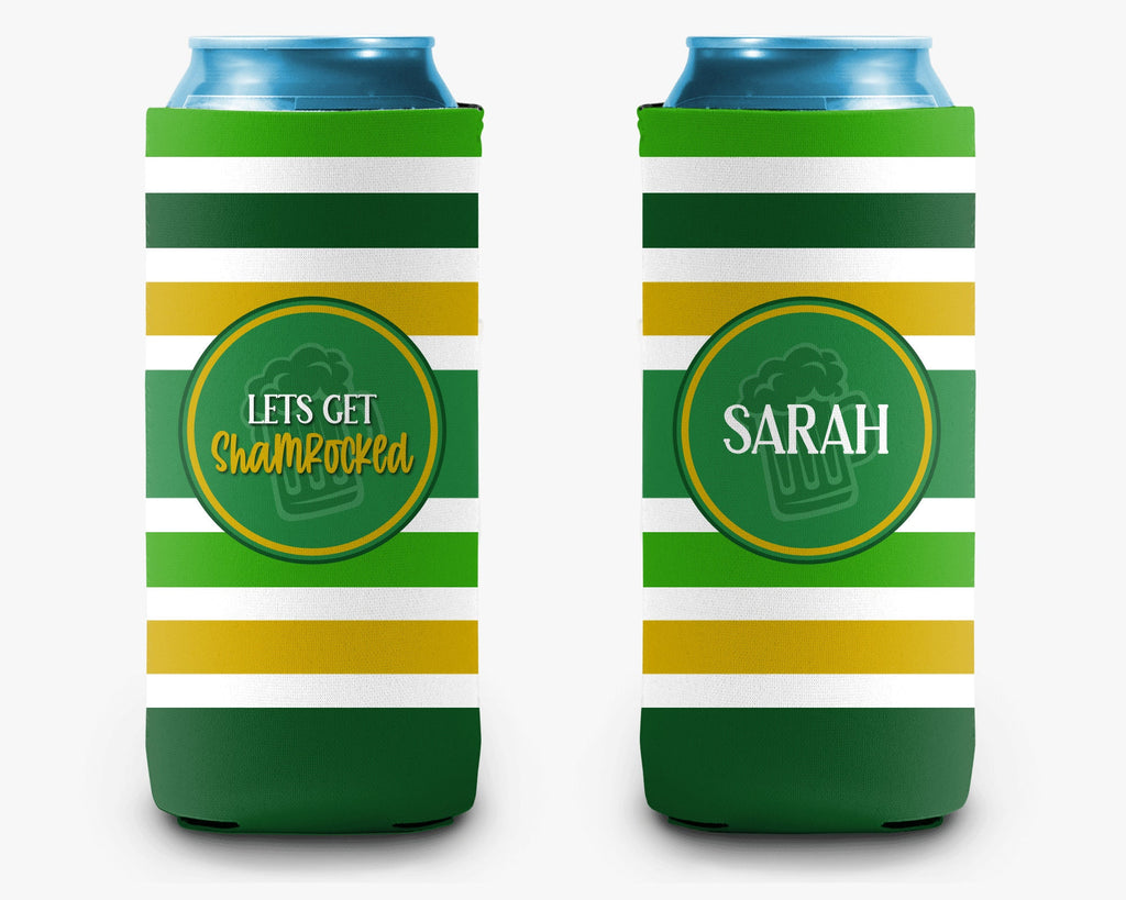 St. Patrick's Day Shamrocked Striped Can Cooler St. Paddy's Day Personalized Can Cooler Sleeve