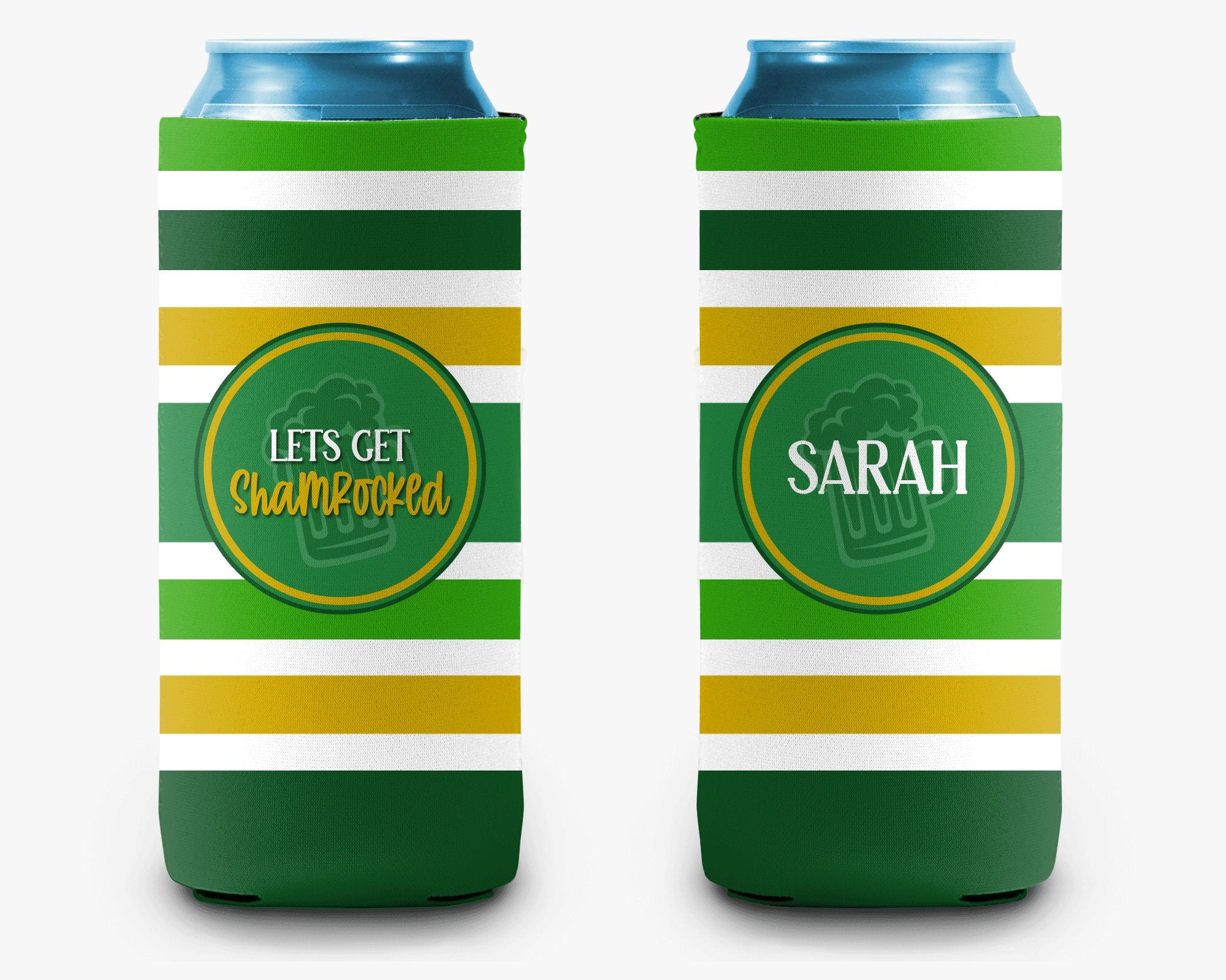 St. Patrick's Day Shamrocked Striped Can Cooler St. Paddy's Day Personalized Can Cooler Sleeve