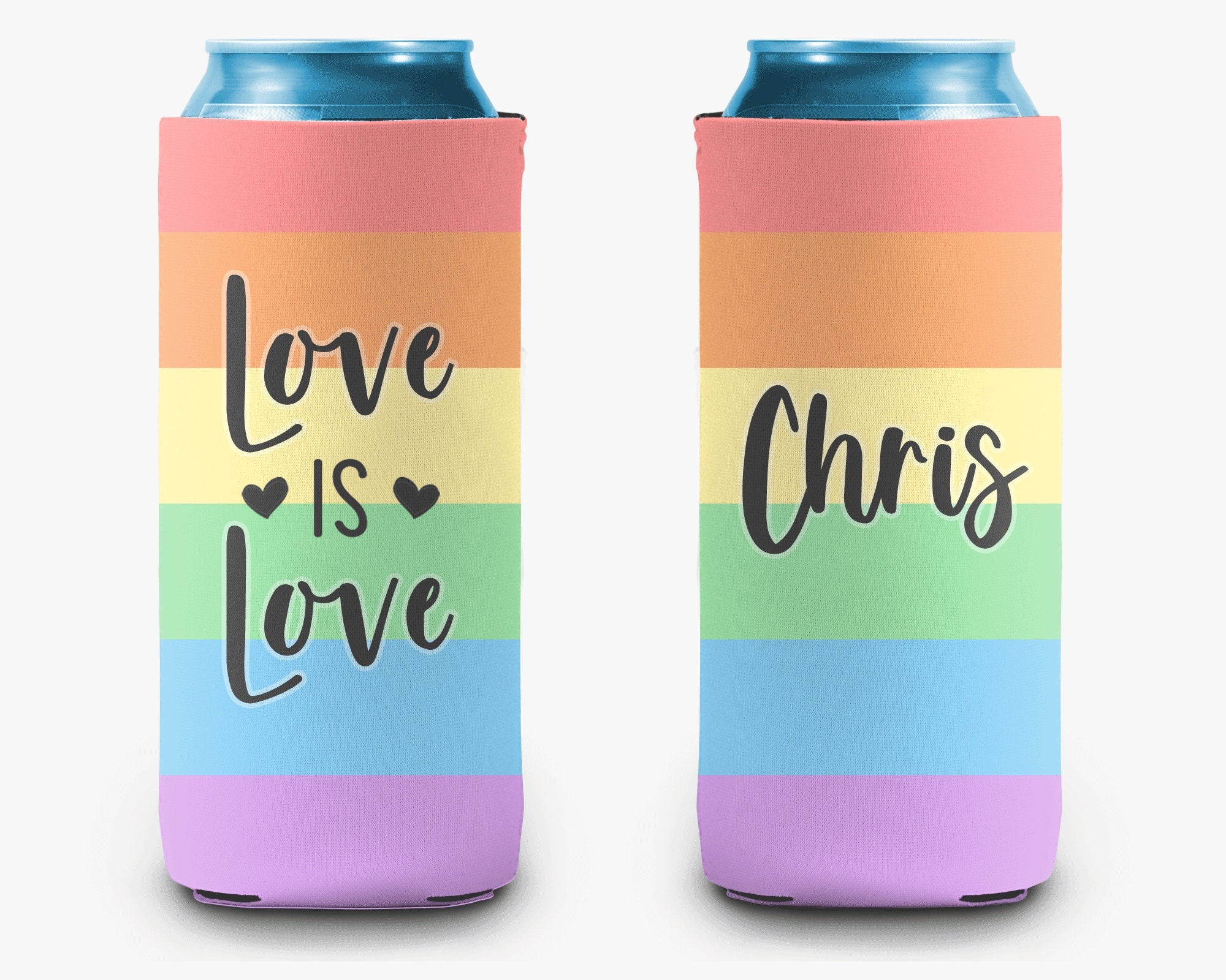 Rainbow Striped Love is Love Can Cooler Personalized Pride Month Can Cooler Sleeve