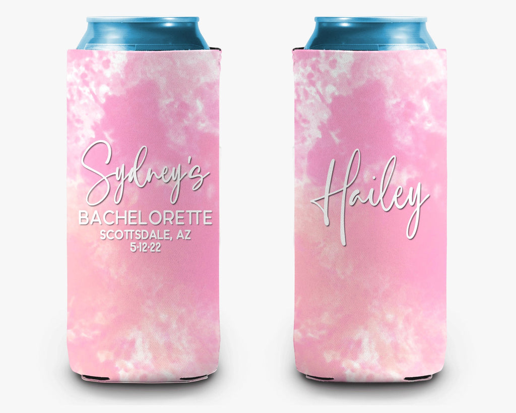 Bachelorette Party Can Cooler Pink Tie Dye Theme Bridal Party Personalized Can Cooler Sleeve