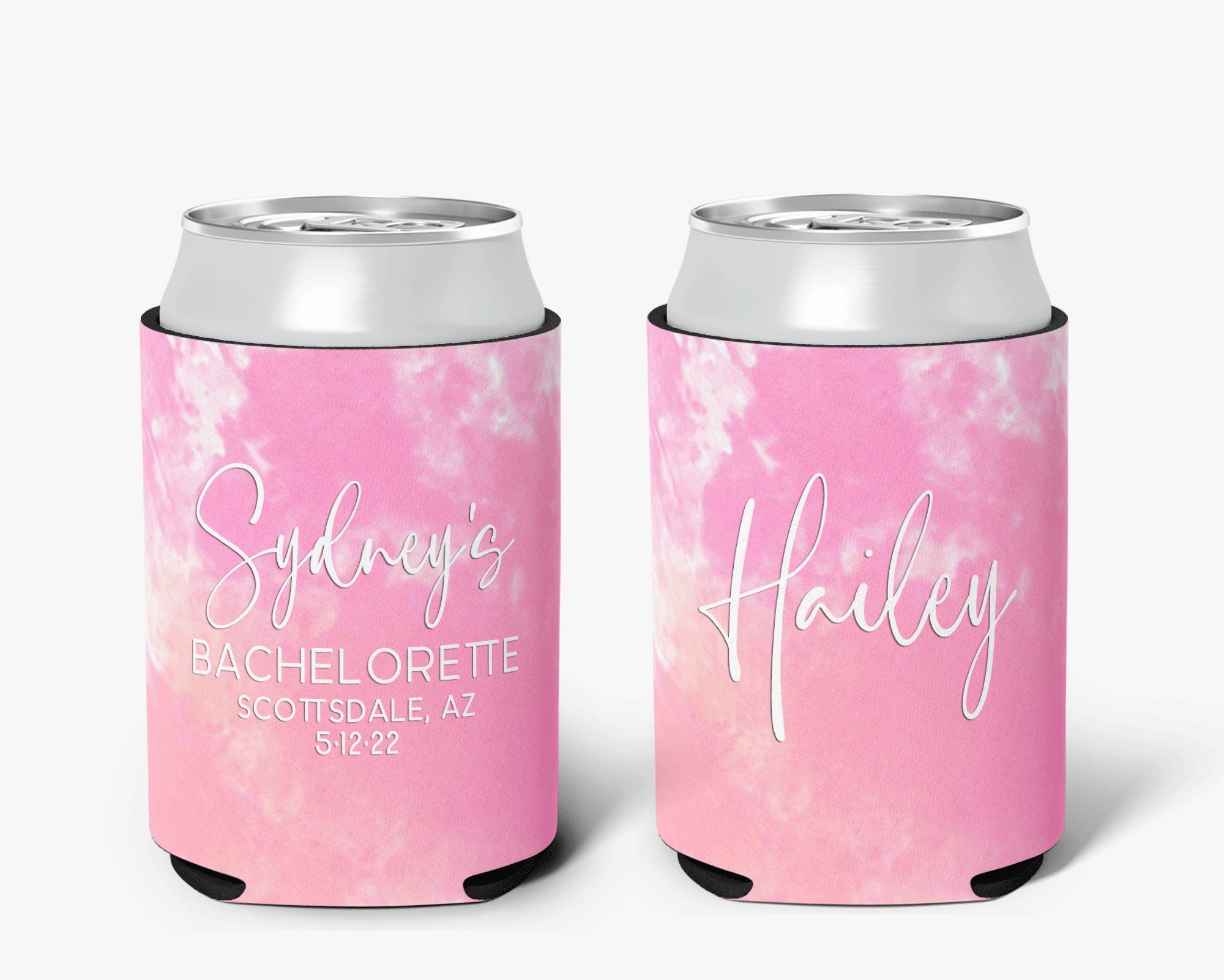 Bachelorette Party Can Cooler Pink Tie Dye Theme Bridal Party Personalized Can Cooler Sleeve
