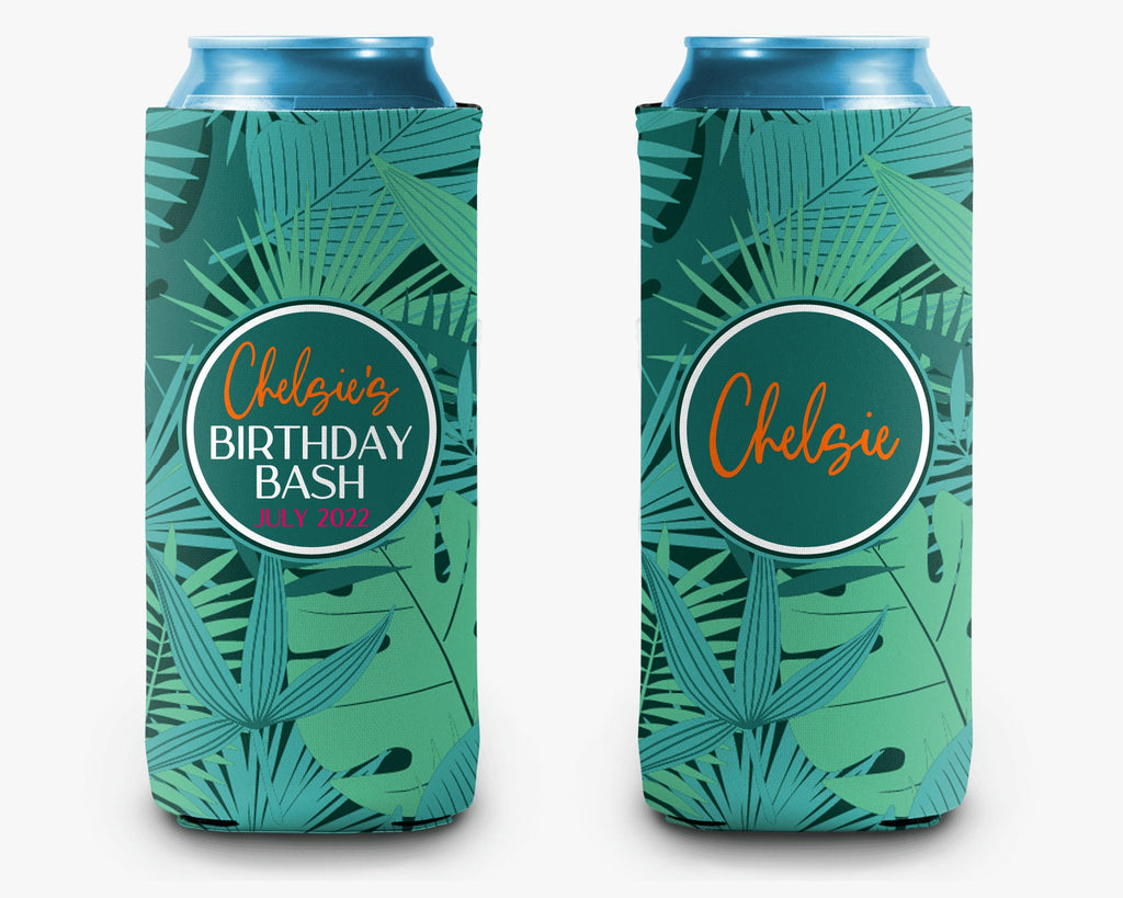 Teal Palm Leaves Can Cooler Party Huggers Birthday Trip Personalized Can Cooler Sleeve