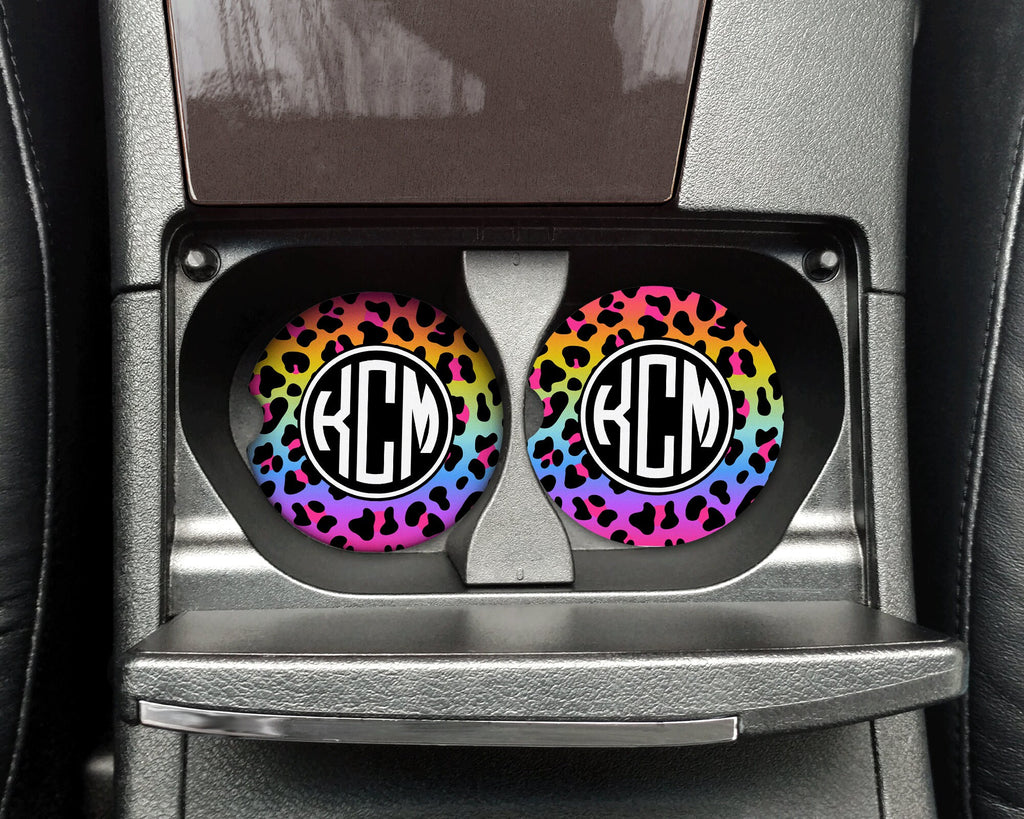 Monogram Rainbow Animal Print Car Coasters, Personalized Custom Cup Holder Coaster