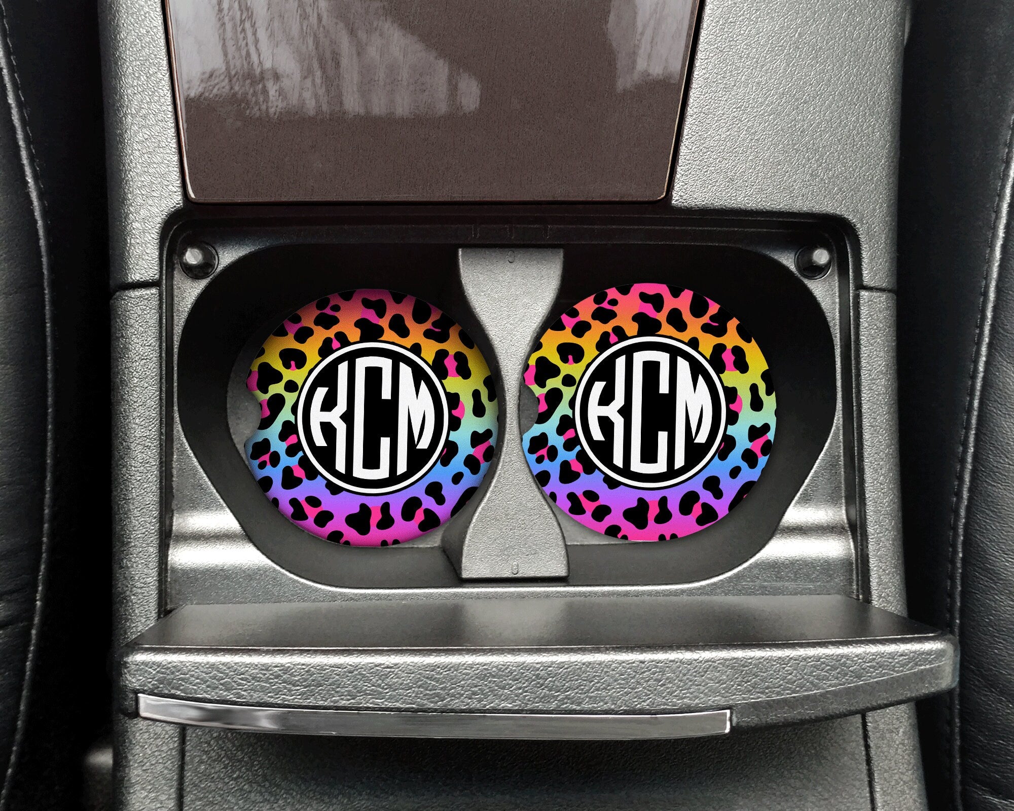 Monogram Rainbow Animal Print Car Coasters, Personalized Custom Cup Holder Coaster