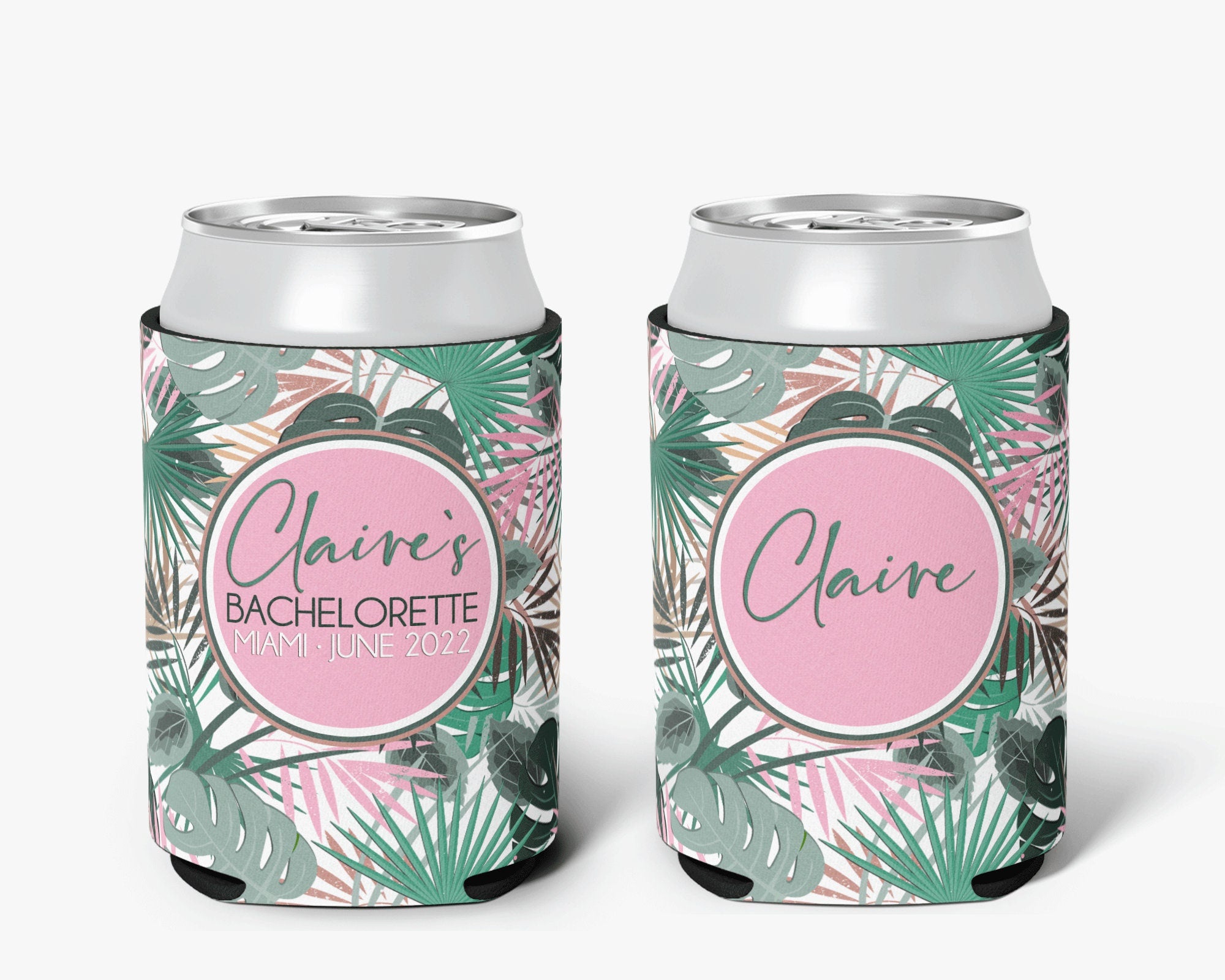 Tropical Palm Pink Event Can Cooler Party Huggers Personalized Can Cooler Sleeve