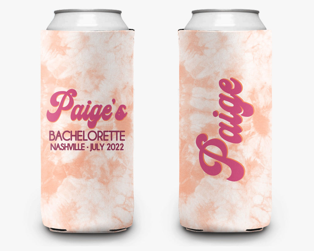 Bachelorette Party Can Cooler - Coral Tie Dye Can Cooler - Bridal Party Personalized Can Cooler Sleeve
