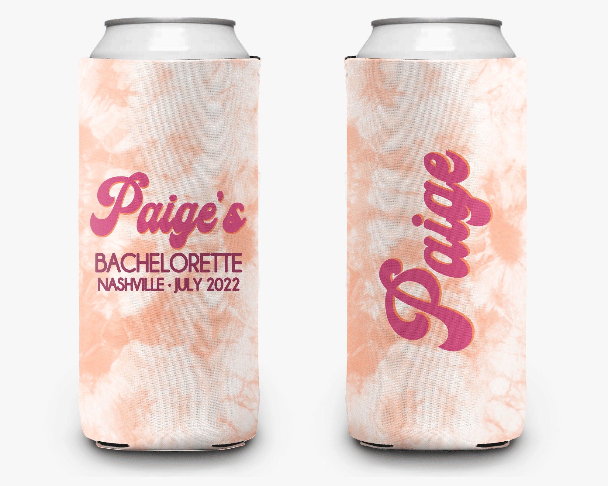 Bachelorette Party Can Cooler - Coral Tie Dye Can Cooler - Bridal Party Personalized Can Cooler Sleeve