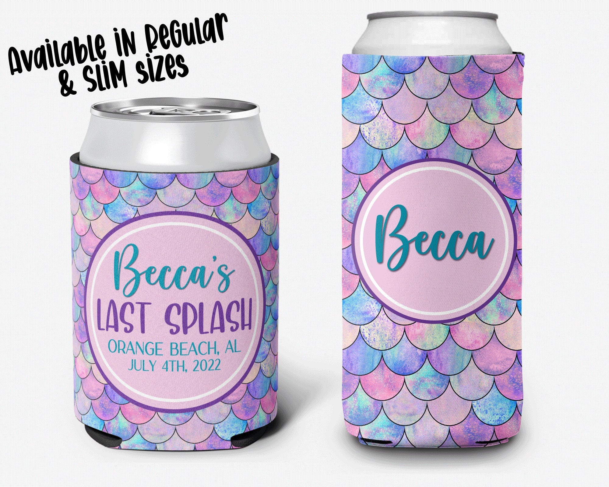 Bachelorette Party Can Cooler Last Splash Bridal Party Mermaid Theme Personalized Can Cooler Sleeve