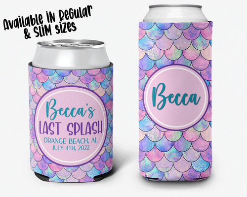 Bachelorette Party Can Cooler Last Splash Bridal Party Mermaid Theme Personalized Can Cooler Sleeve