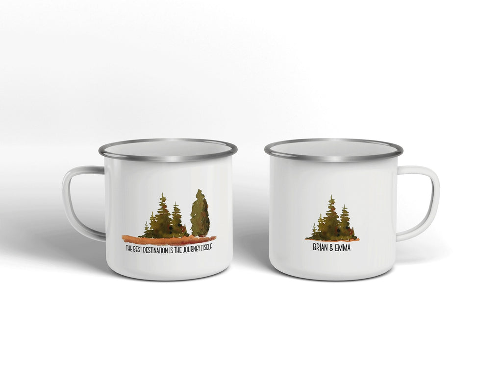 Personalized Adventure Journey Custom Enamel Mug, Watercolor Forest Mug, Personalized Wedding Coffee Mug, Campfire Mug, Newly Wed Mug