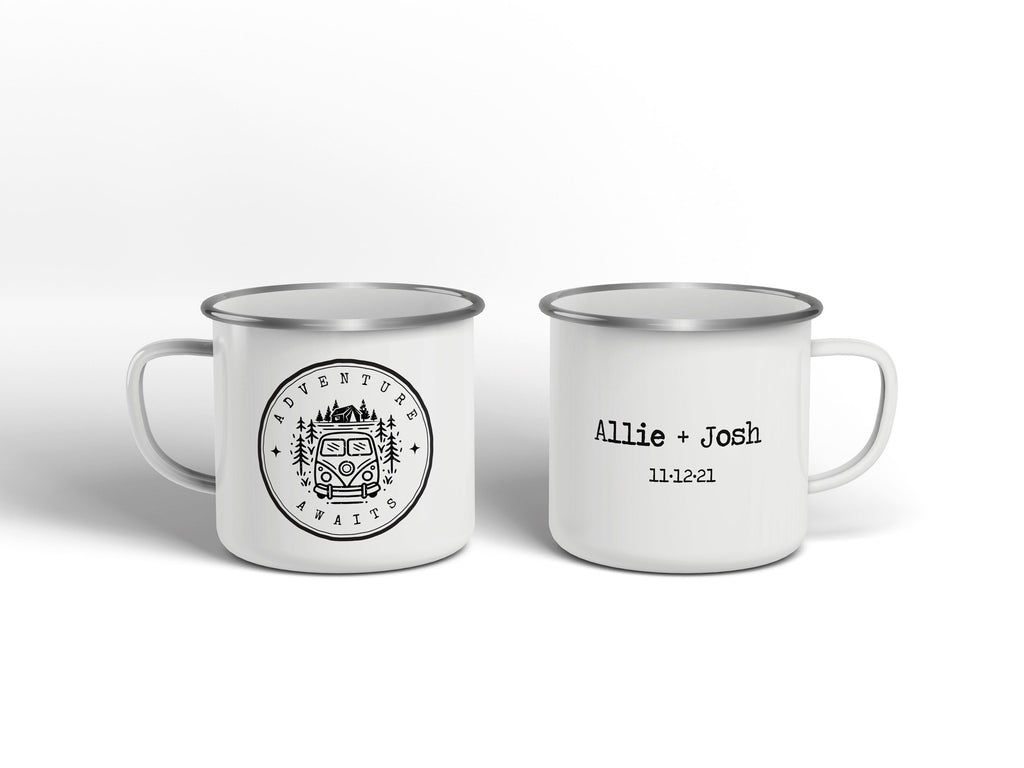 Personalized Adventure Awaits Mug, Custom Enamel Mug, Personalized Wedding Coffee Mug, Campfire Mug, Newly Wed Mug