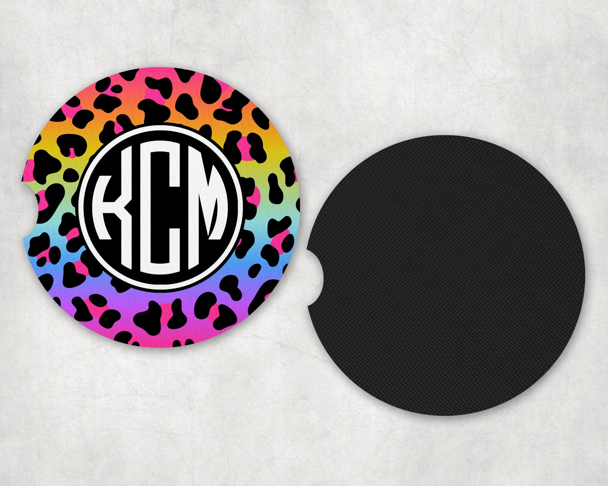 Monogram Rainbow Animal Print Car Coasters, Personalized Custom Cup Holder Coaster