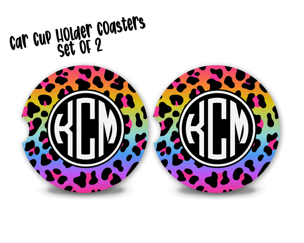 Monogram Rainbow Animal Print Car Coasters, Personalized Custom Cup Holder Coaster