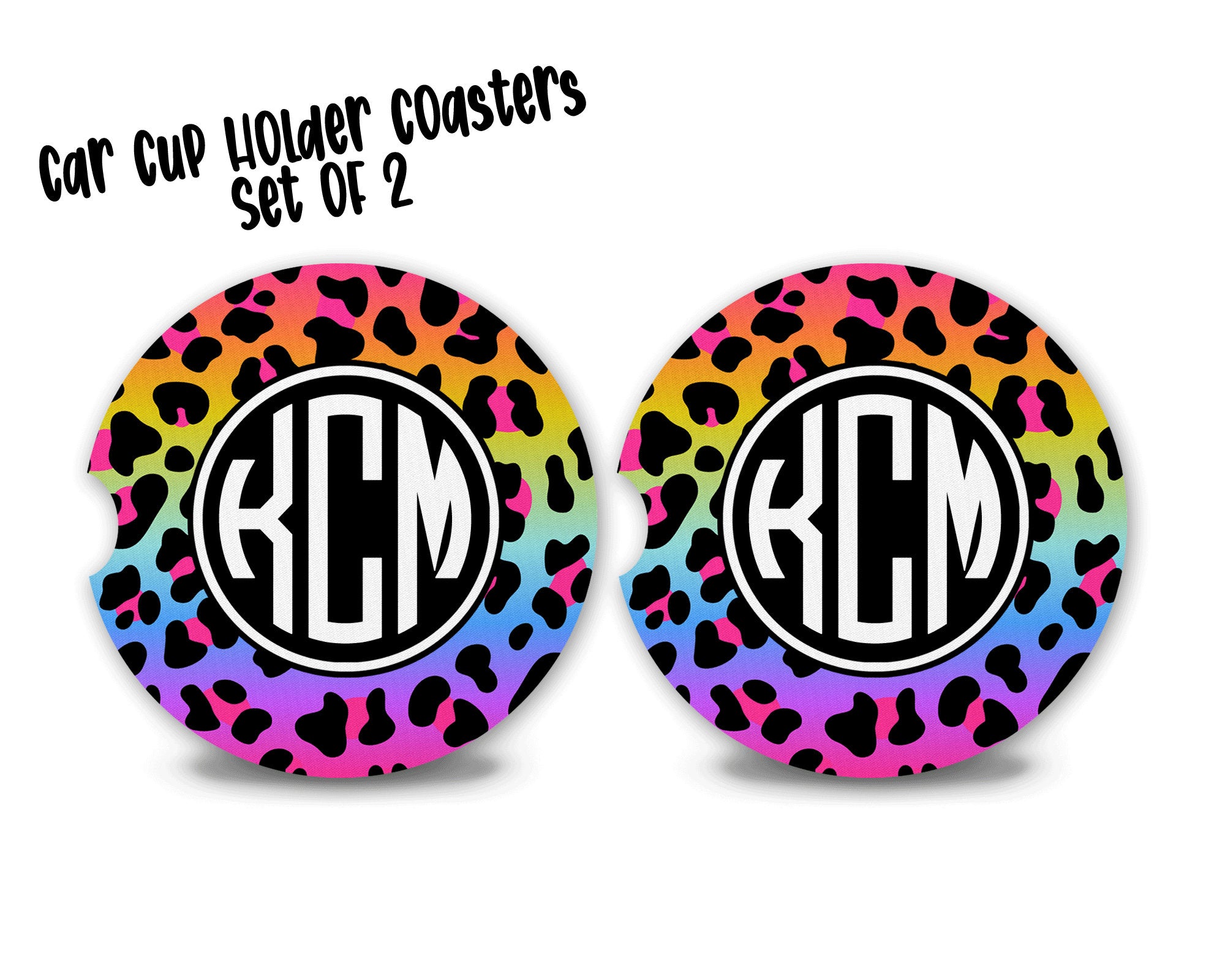Monogram Rainbow Animal Print Car Coasters, Personalized Custom Cup Holder Coaster