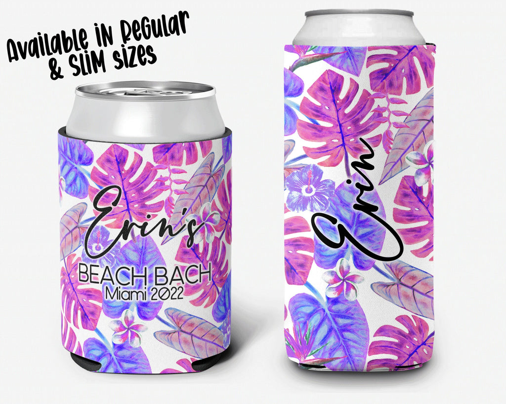Tropical Magenta Palm Event Can Cooler Beach Party Huggers Personalized Can Cooler Sleeve