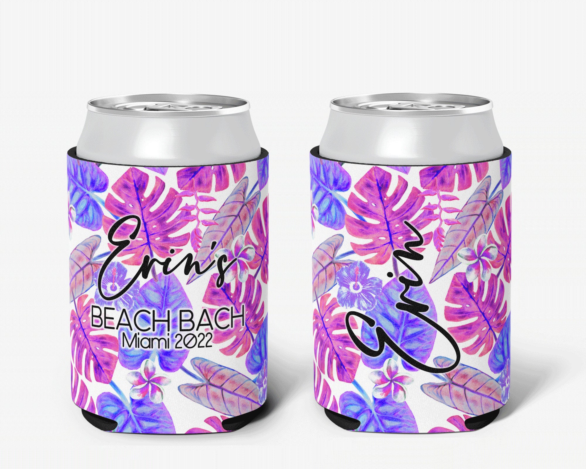 Tropical Magenta Palm Event Can Cooler Beach Party Huggers Personalized Can Cooler Sleeve