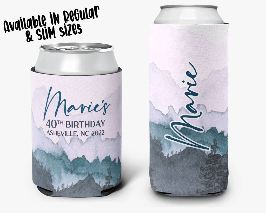 Personalized Mountain Theme Can Cooler - Pink & Gray Mountain Birthday Trip Cooler Sleeve