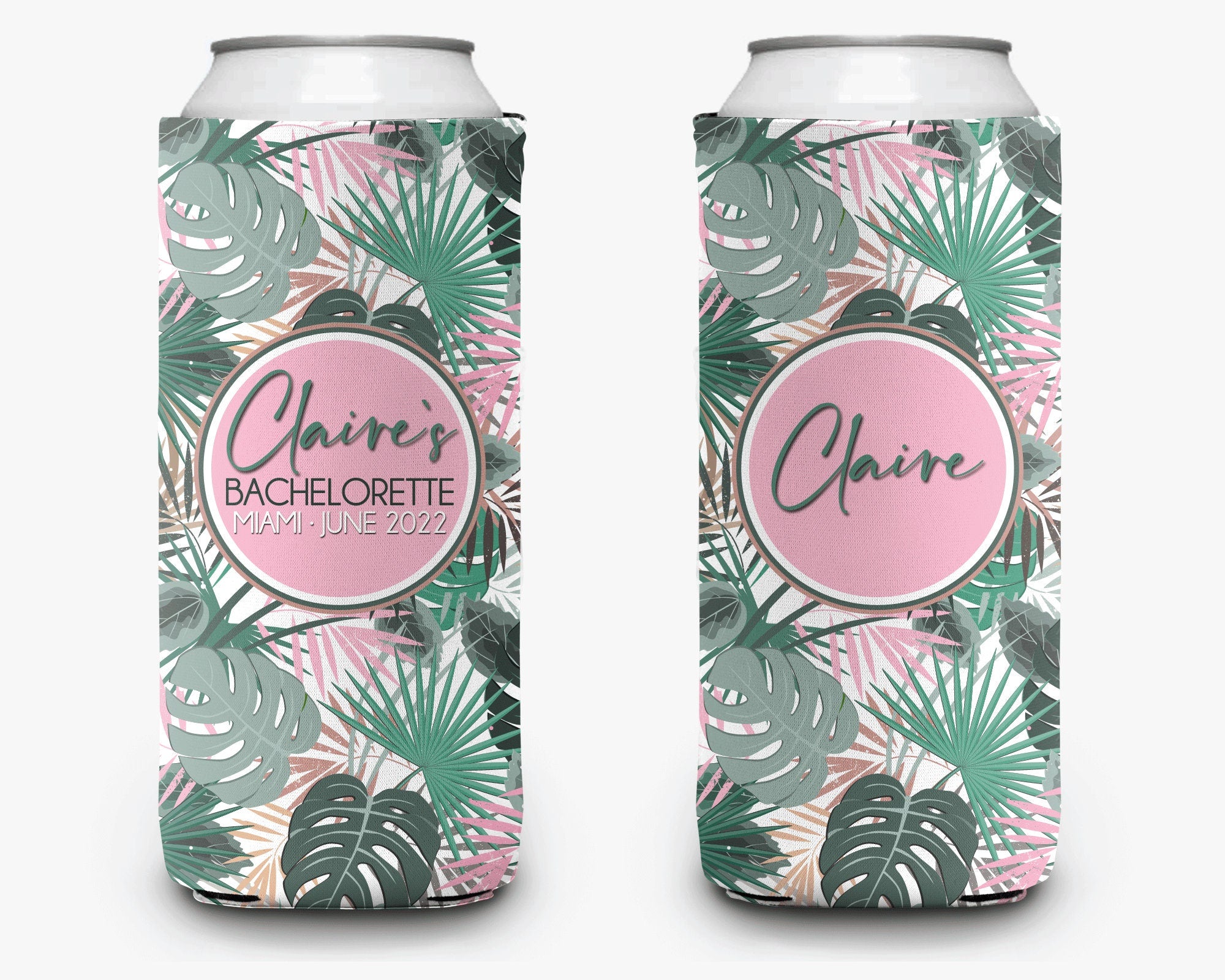 Tropical Palm Pink Event Can Cooler Party Huggers Personalized Can Cooler Sleeve