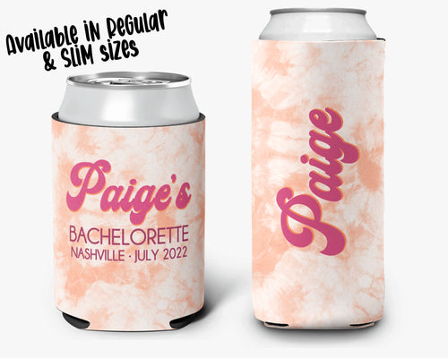 Bachelorette Party Can Cooler - Coral Tie Dye Can Cooler - Bridal Party Personalized Can Cooler Sleeve