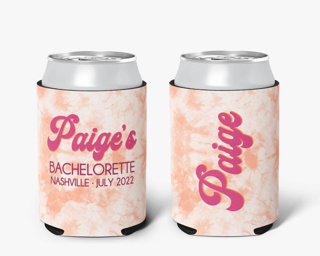 Bachelorette Party Can Cooler - Coral Tie Dye Can Cooler - Bridal Party Personalized Can Cooler Sleeve