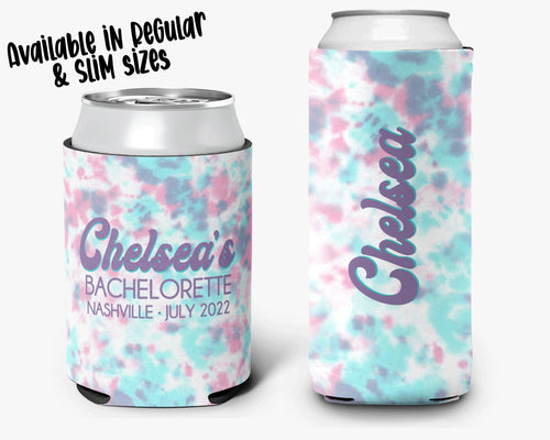 Bachelorette Party Can Cooler - Teal Pink Tie Dye Can Cooler - Bridal Party Personalized Can Cooler Sleeve