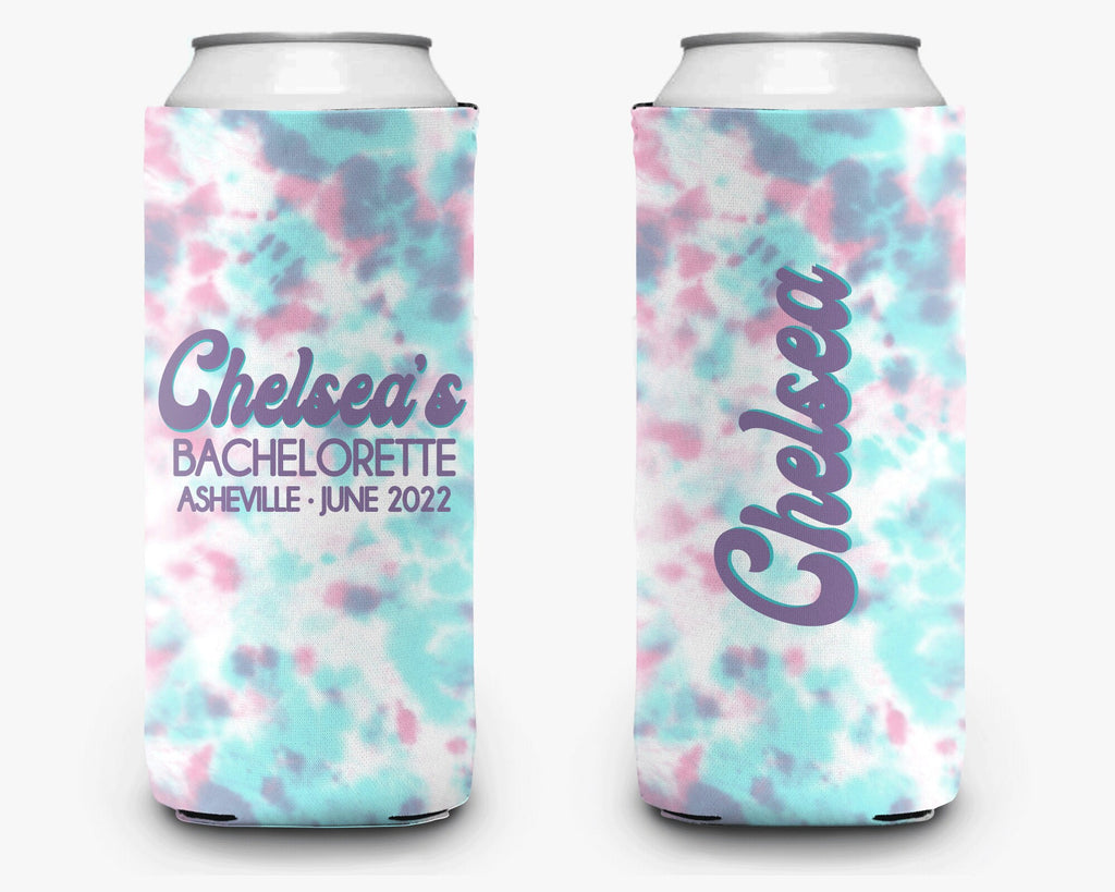 Bachelorette Party Can Cooler - Teal Pink Tie Dye Can Cooler - Bridal Party Personalized Can Cooler Sleeve