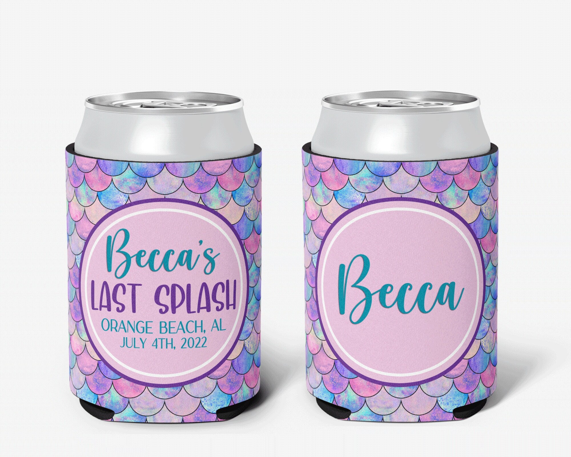 Bachelorette Party Can Cooler Last Splash Bridal Party Mermaid Theme Personalized Can Cooler Sleeve