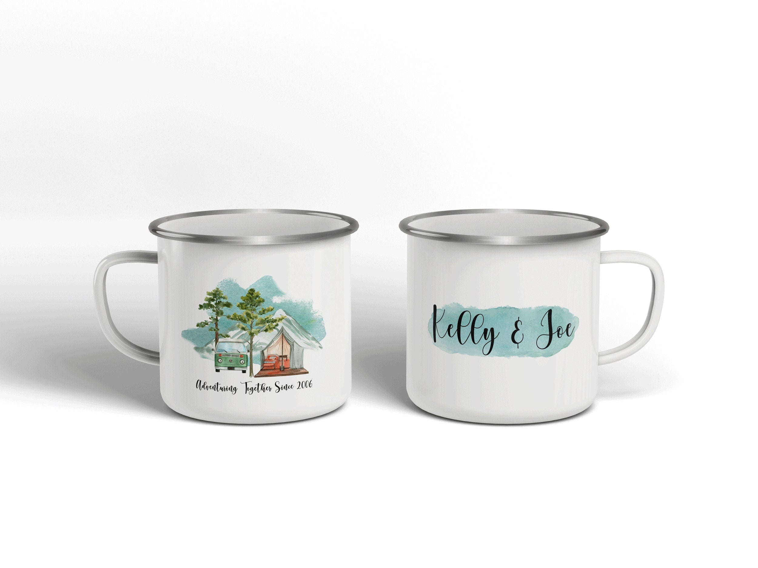 Personalized Adventuring Together Mug, Custom Enamel Mug, Personalized Wedding Coffee Mug, Campfire Mug, Newly Wed Mug