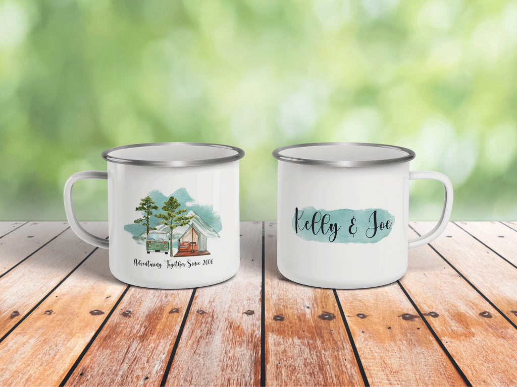 Personalized Adventuring Together Mug, Custom Enamel Mug, Personalized Wedding Coffee Mug, Campfire Mug, Newly Wed Mug