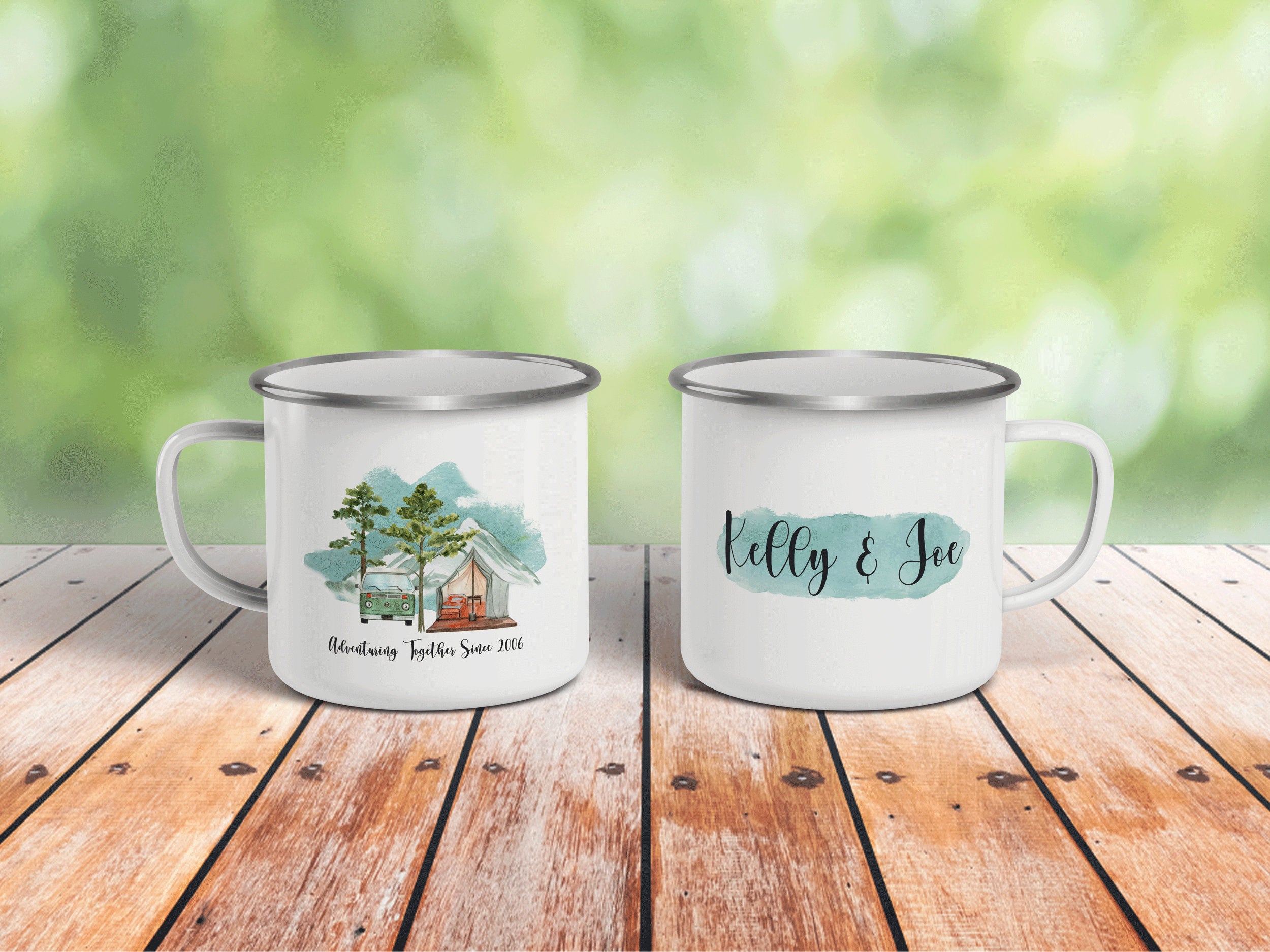 Personalized Adventuring Together Mug, Custom Enamel Mug, Personalized Wedding Coffee Mug, Campfire Mug, Newly Wed Mug