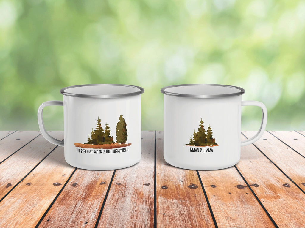 Personalized Adventure Journey Custom Enamel Mug, Watercolor Forest Mug, Personalized Wedding Coffee Mug, Campfire Mug, Newly Wed Mug