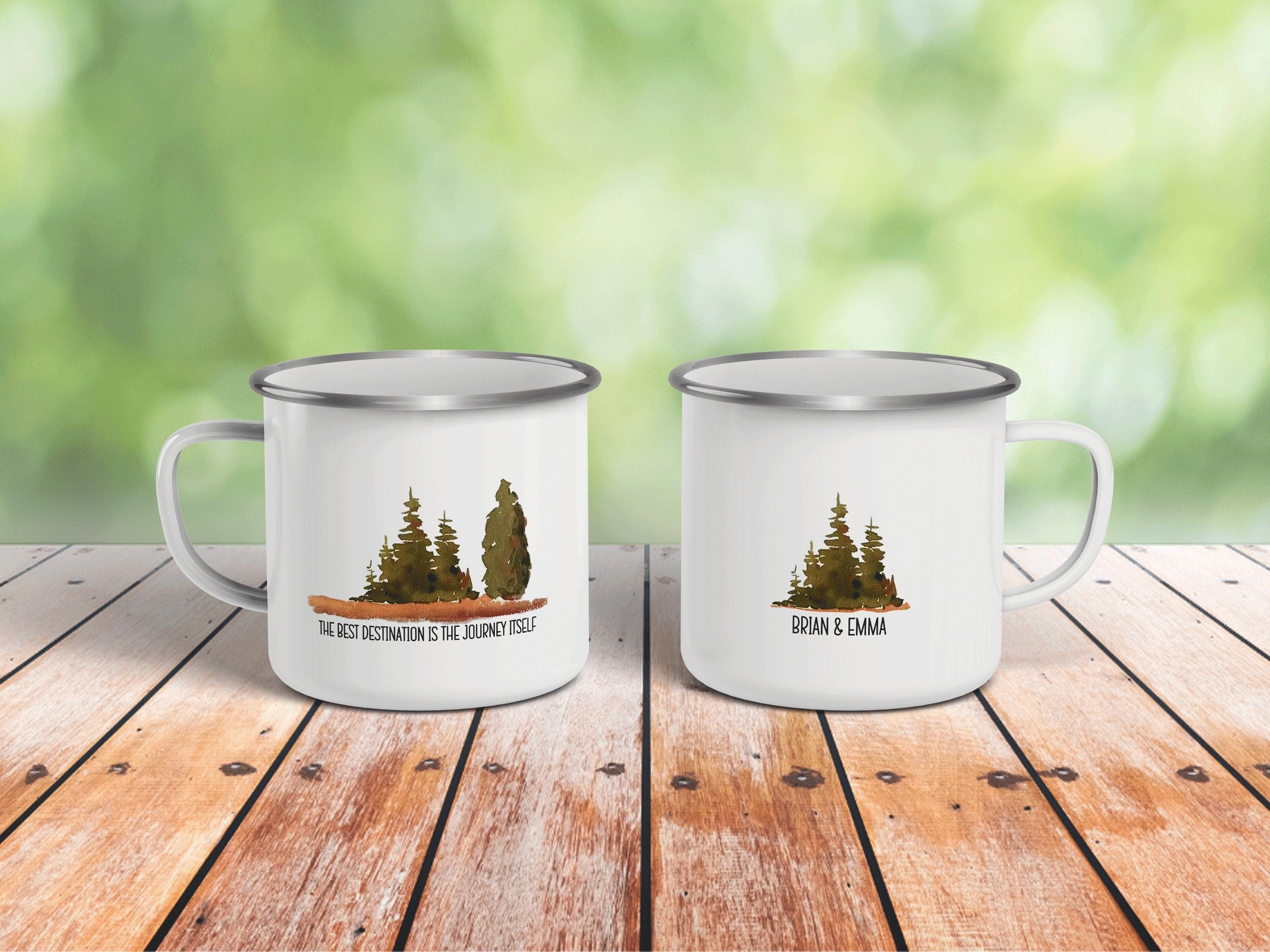 Personalized Adventure Journey Custom Enamel Mug, Watercolor Forest Mug, Personalized Wedding Coffee Mug, Campfire Mug, Newly Wed Mug