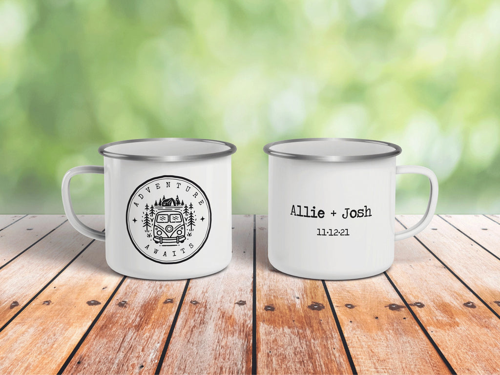 Personalized Adventure Awaits Mug, Custom Enamel Mug, Personalized Wedding Coffee Mug, Campfire Mug, Newly Wed Mug