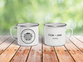 Personalized Adventure Awaits Mug, Custom Enamel Mug, Personalized Wedding Coffee Mug, Campfire Mug, Newly Wed Mug