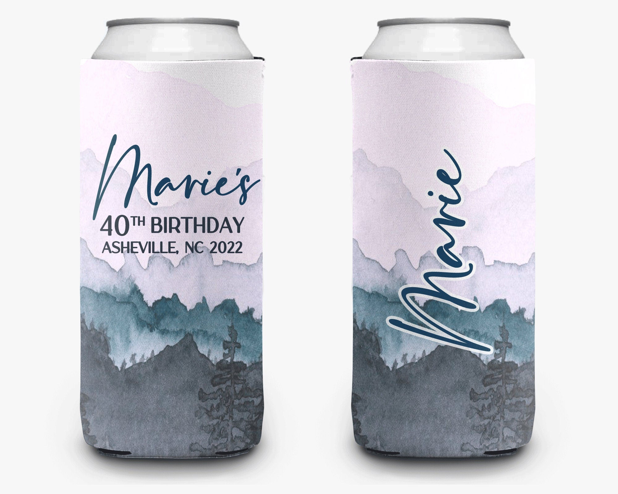 Mountain Theme Can Cooler, Mountain Pink Gray Birthday Trip Can Cooler, Personalized Can Cooler Sleeve