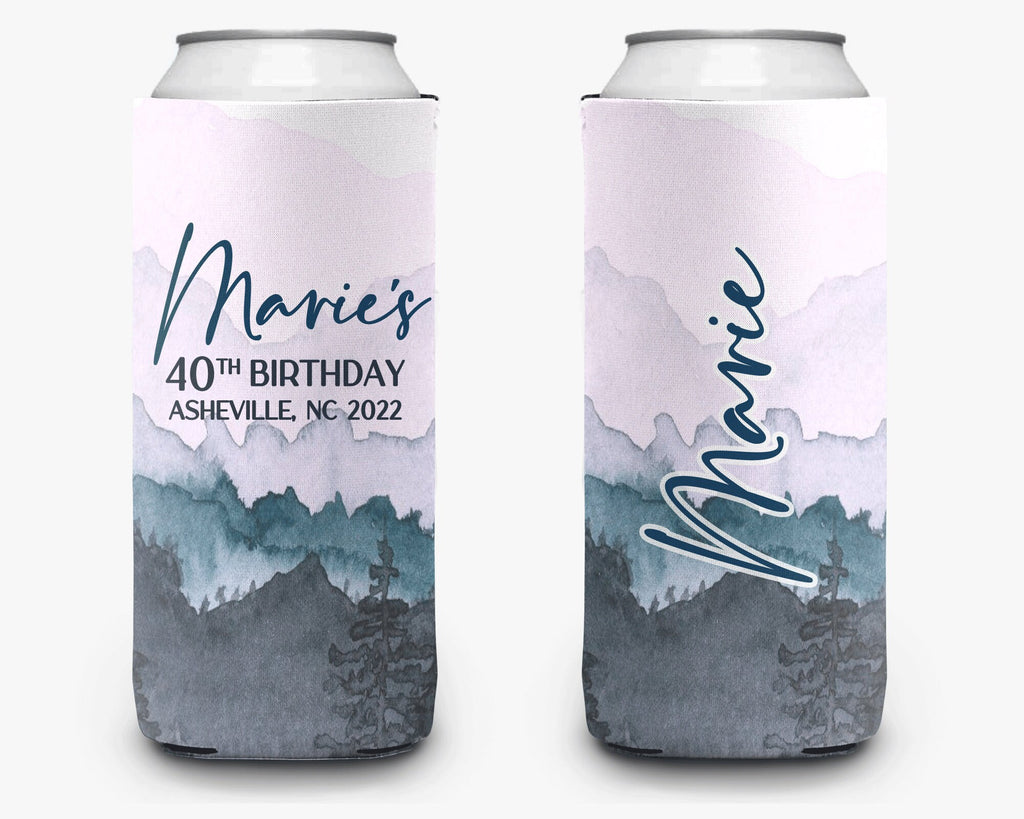 Personalized Mountain Theme Can Cooler - Pink & Gray Mountain Birthday Trip Cooler Sleeve